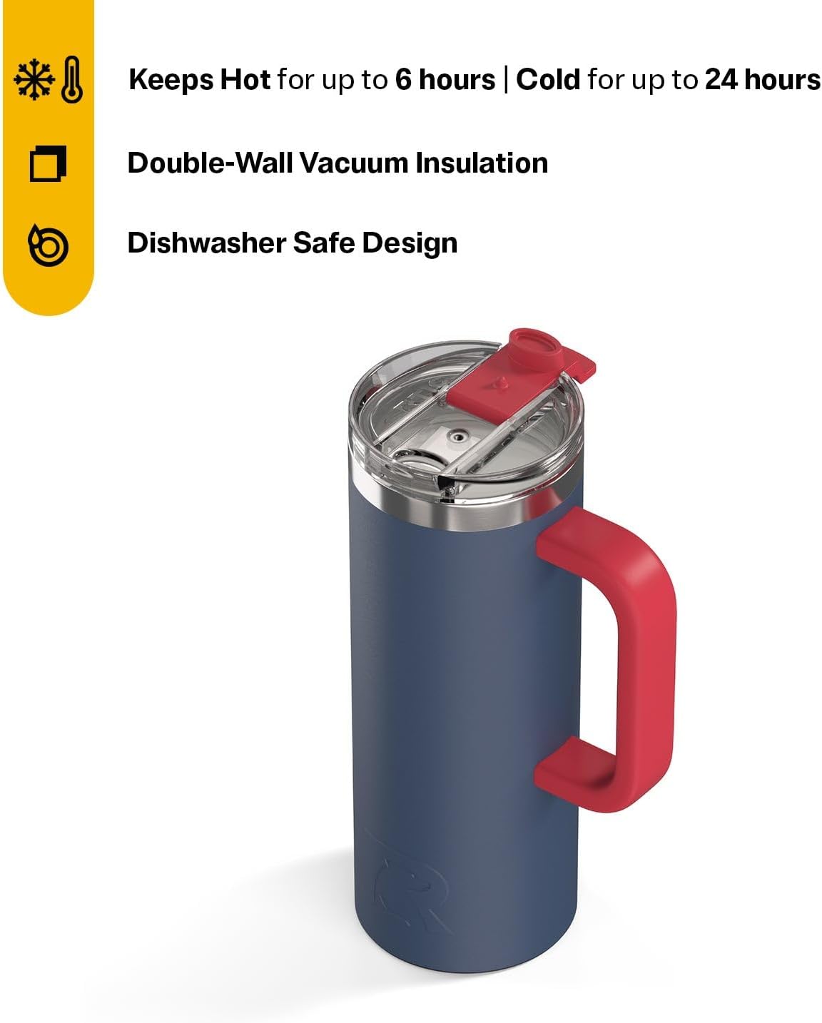 RTIC 20oz Road Trip Travel Mug with Lid and Handle, Ceramic Lined, Insulated, Stainless Steel, Metal, Double Wall Vacuum-Insulation, Portable Coffee, Tea Cup for Hot and Cold Drink, Black