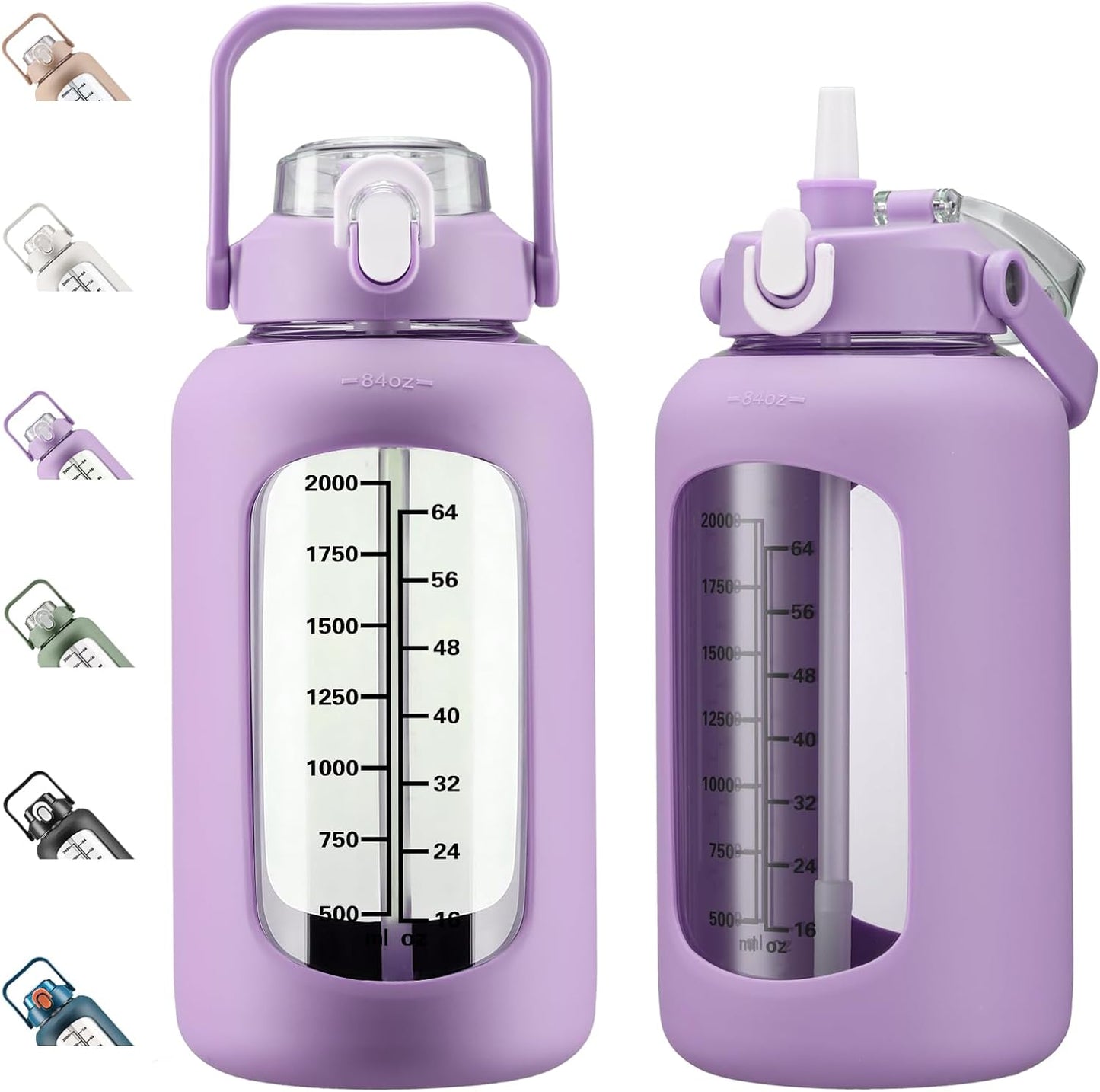 64oz Glass Water Bottles with Straw, Half Gallon Motivational Glass Bottle with Silicone Sleeve and Time Marker, 2L Leakproof Large Glass Water Jug for Gym Home Office,olive