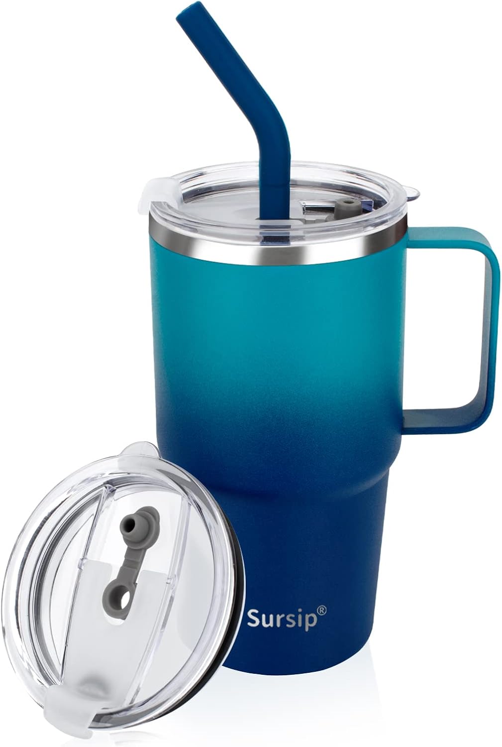 Sursip Insulated Coffee Mug with Handle and Lid, 24 oz Double Wall Vacuum Travel Thermal Coffee Tumbler with Straw for Home, Office Stainless Steel Coffee Cup - Leak proof, BPA Free (Black-1 Pack)