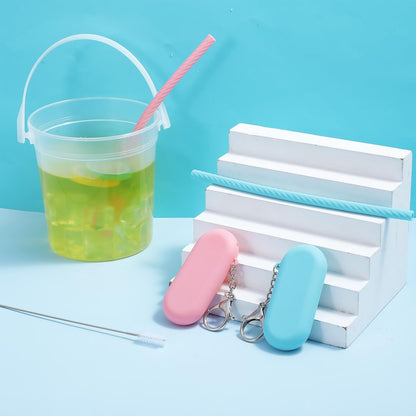 4 Set Portable Straw,Reusable Straws Silicone with Case Silicone Portable Drinking travel Straw Set for Party Travel Cold or Hot with 4 Cleaning Brushes (Purple,Pink,Green, Blue）