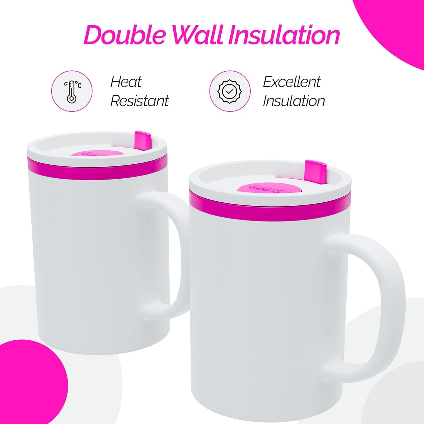 Copco Iconic 16oz Double Wall Insulated Desk Mug with Lid & Handle, Set of 2, BPA-Free Reusable Plastic, Spill-Resistant, Microwave & Dishwasher Safe, Wide Mouth (Grey)