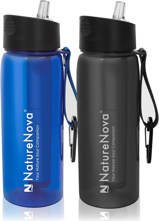 Water Filter Bottle with 4-Stage Integrated Filter Straw BPA Free for Camping, Hiking, Backpacking, Emergency and Travel, Black 650ml