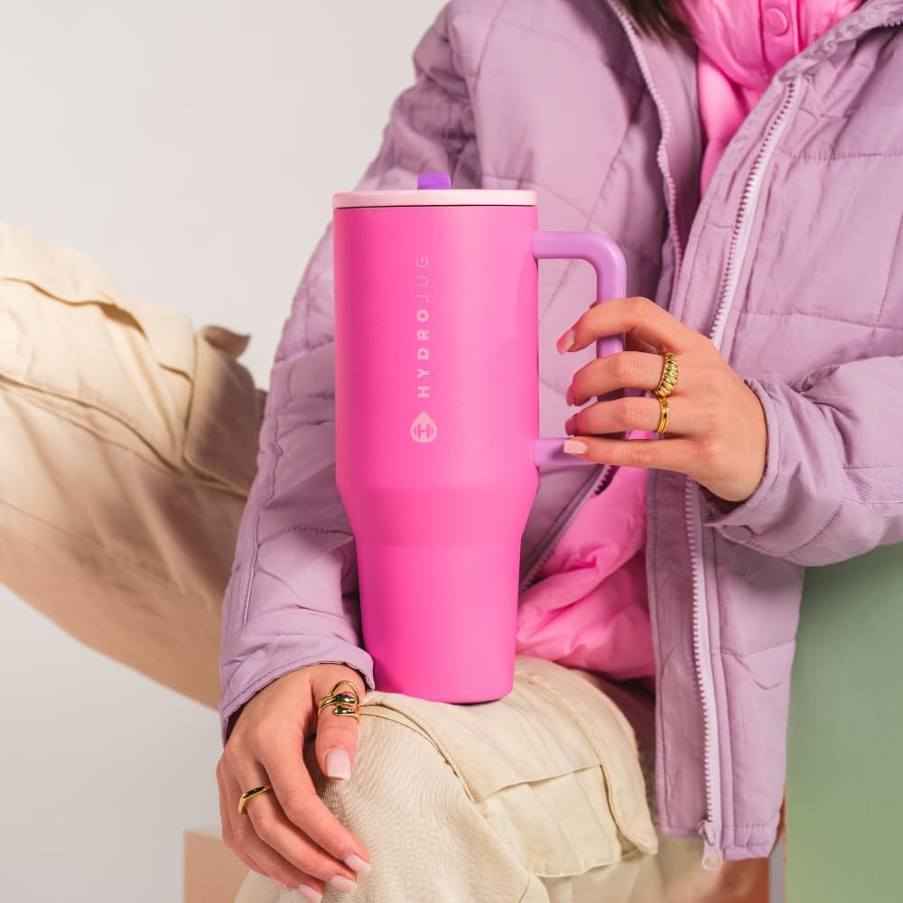 HydroJug Traveler - 40 oz Water Bottle with Handle & Flip Straw - Fits in Cup Holder, Leak Resistant Tumbler-Reusable Insulated Stainless Steel & Rubber Base - Gifts for Women & Men, Light Blue