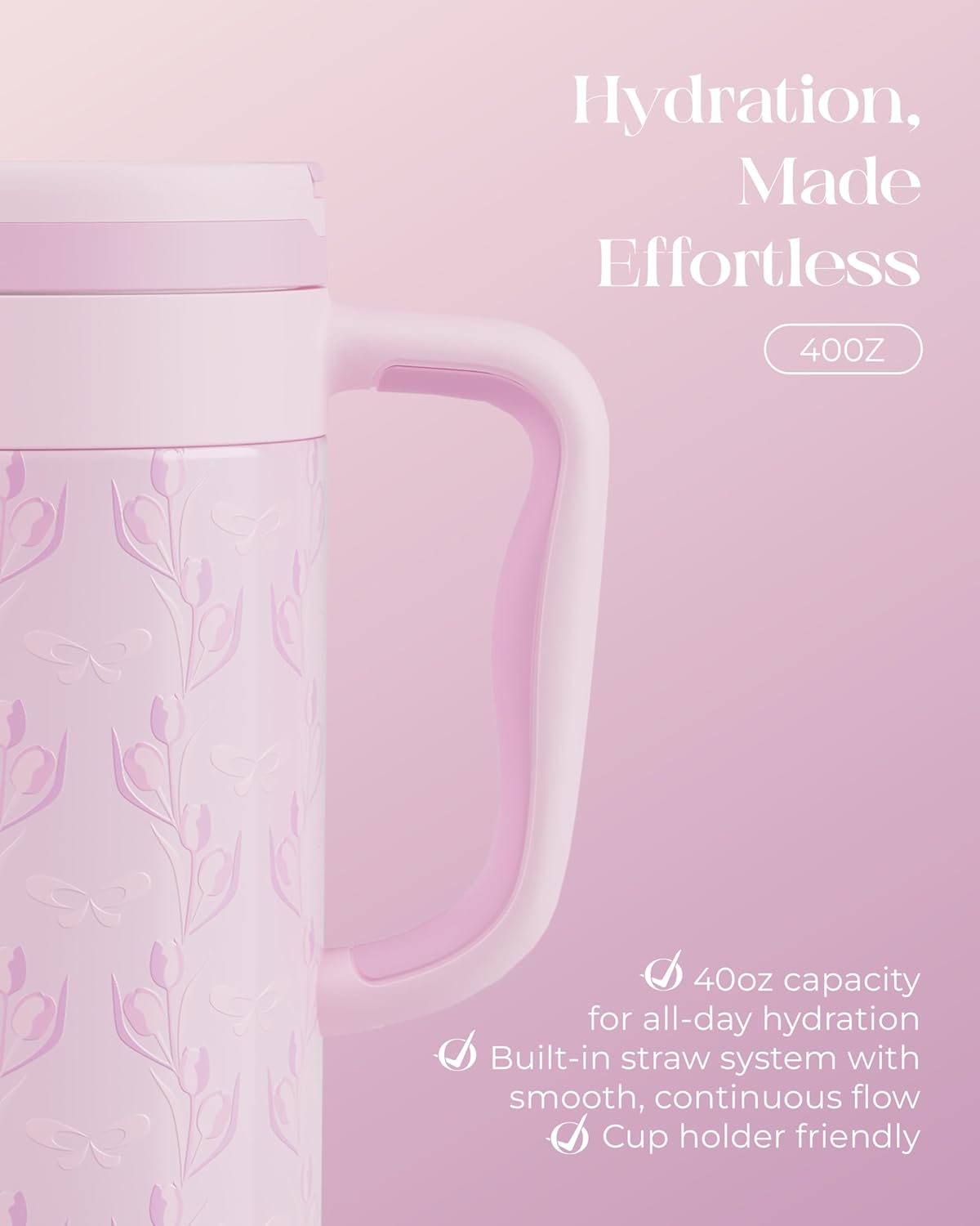40 oz Insulated Tumbler with Handle and Push-Button Straw Lid, Stainless Steel Travel Cup for Gym Office, Leakproof, BPA-Free, Cup Holder Friendly, Bow Silicone Boot, Purple (Light Lilac)