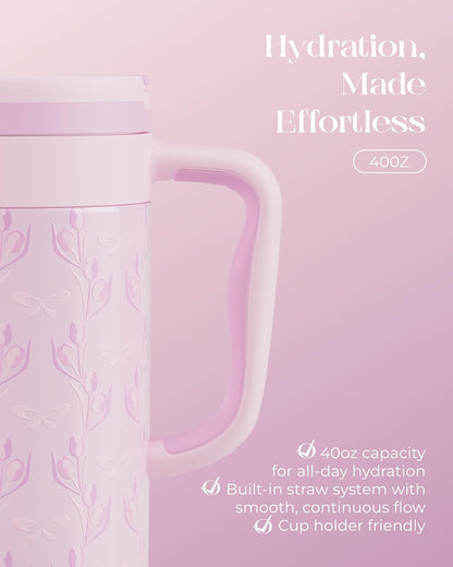 40 oz Insulated Tumbler with Handle and Push-Button Straw Lid, Stainless Steel Travel Cup for Gym Office, Leakproof, BPA-Free, Cup Holder Friendly, Bow Silicone Boot, Purple (Light Lilac)