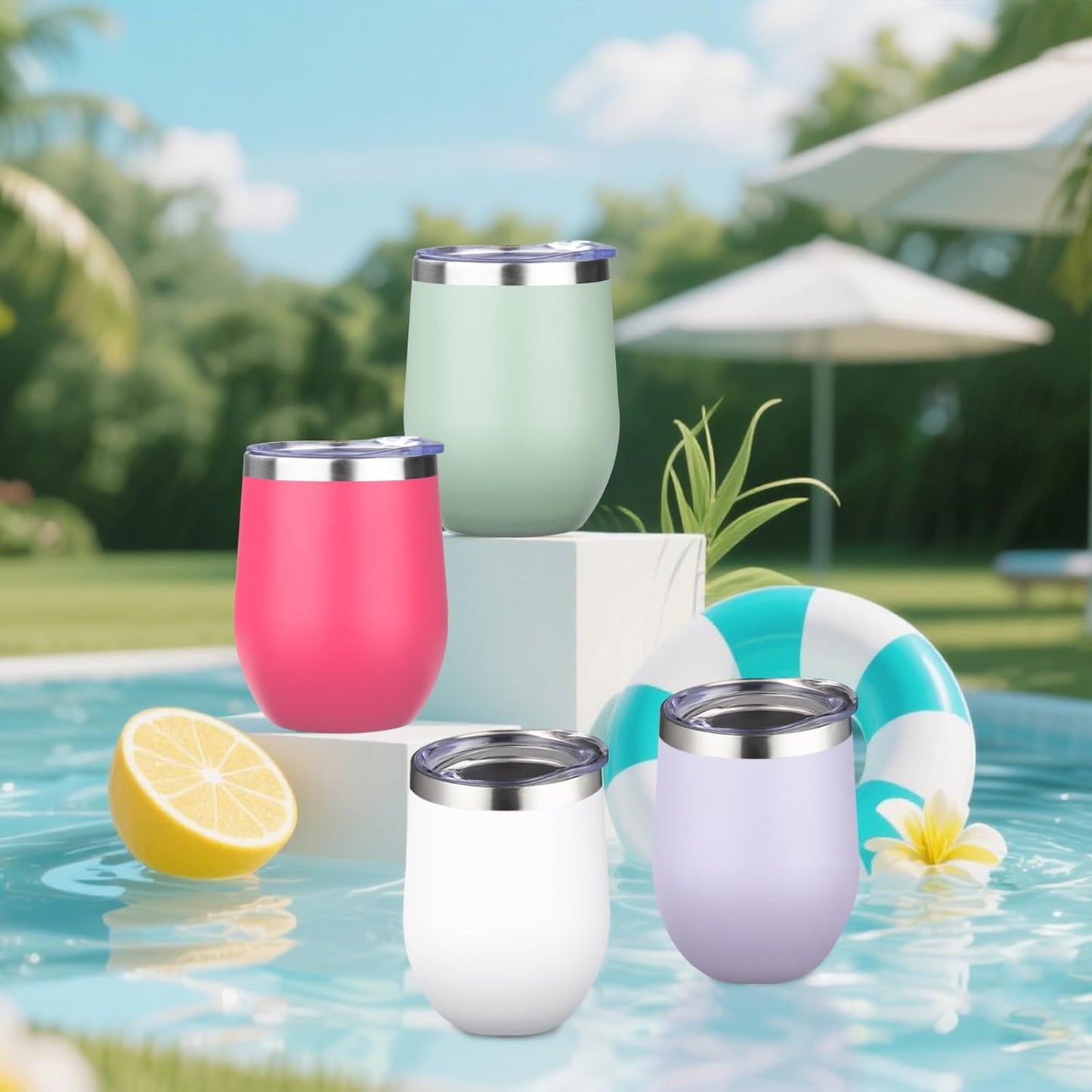 12oz/4 Pack Wine Tumbler Glasses with Lid Stemless Double Wall Vacuum Stainless Steel Travel Tumbler Keeping Cold & Hot for Wine,Coffee,Cocktails,Drinks-Family and Gifts (Multi color-dark)