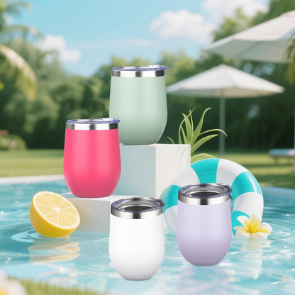 12oz/4 Pack Wine Tumbler Glasses with Lid Stemless Double Wall Vacuum Stainless Steel Travel Tumbler Keeping Cold & Hot for Wine,Coffee,Cocktails,Drinks-Family and Gifts (Multi color-dark)