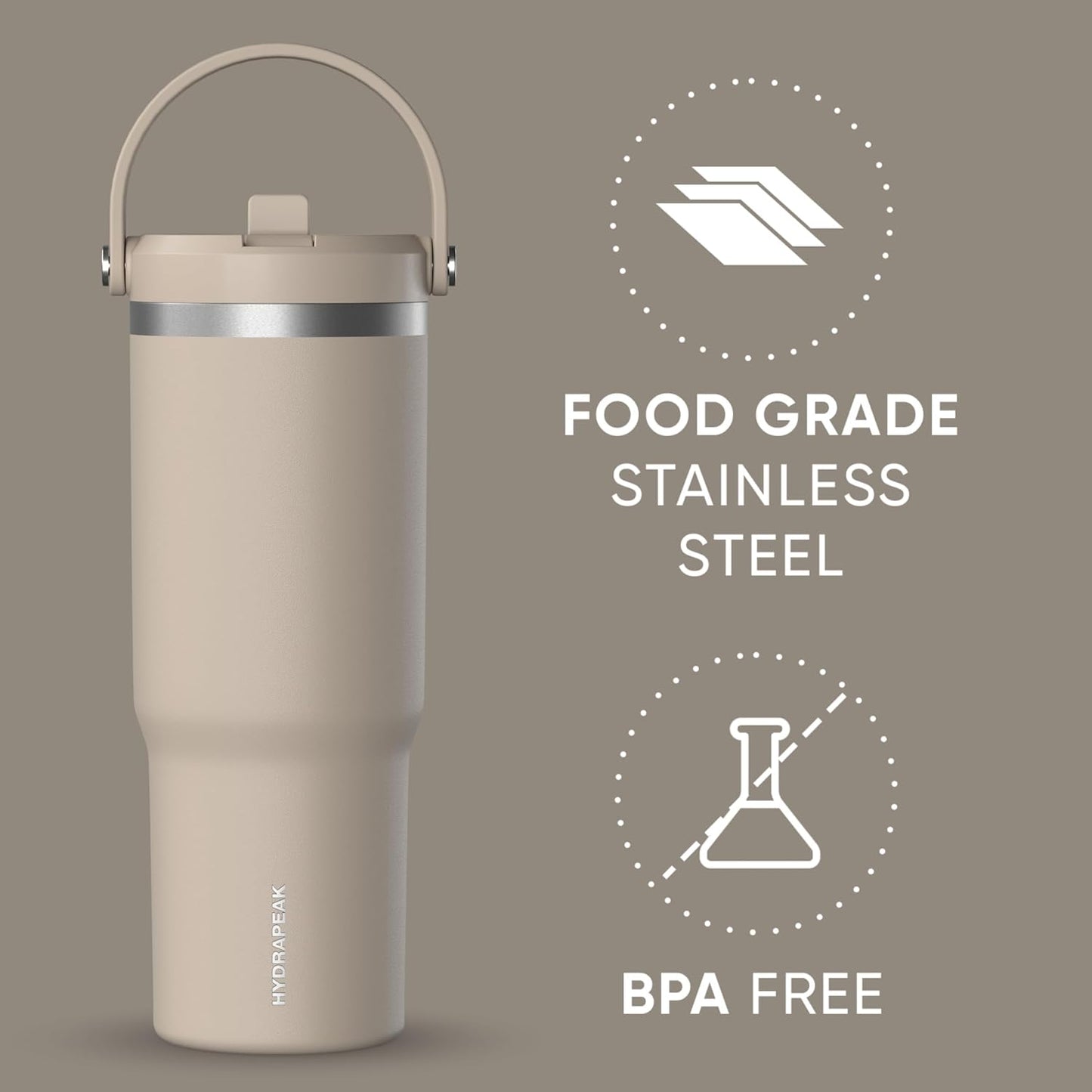 Hydrapeak Nomad 32oz Insulated Stainless Steel Travel Tumbler with Handle & Straw Lid, Leakproof, Cupholder Friendly, Keeps Drinks Cold 24 Hours, Reusable Bottle for Daily Hydration (Pale Sage)