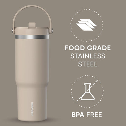 Hydrapeak Nomad 32oz Insulated Stainless Steel Travel Tumbler with Handle & Straw Lid, Leakproof, Cupholder Friendly, Keeps Drinks Cold 24 Hours, Reusable Bottle for Daily Hydration (Pale Sage)