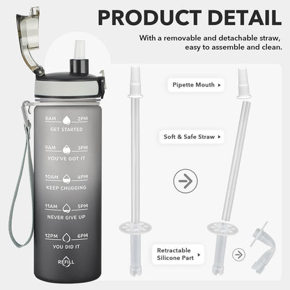 Enerbone Water Bottle, Leakproof BPA & Toxic Free, Motivational Water Bottle with Times to Drink and Straw, Fitness Sports Water Bottle with Strap for Office, Gym, Outdoor Sports
