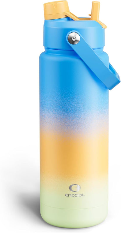 ENCOOL Insulated Water Bottle with Straw Stainless Steel Water Bottle, Leak-Proof, BPA-Free, Double Wall Vacuum Keeps Cold for 24 Hours for Sports, Travel, School (26 oz, Cotton Candy) - Colors B