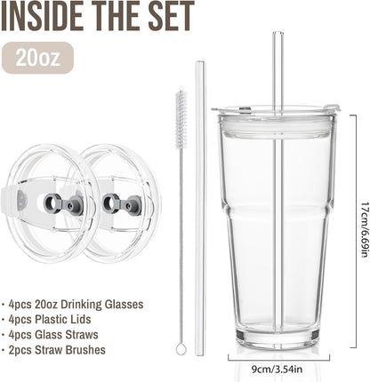 SoulTimes 20oz Glass Cups with Lids and Straws, Ribbed Glass Tumbler for Iced Coffee, Smoothie, Juice & Cold Drinks, Reusable Thick Glassware Set, Elegant Home & Travel Drinkware【2 Pack】