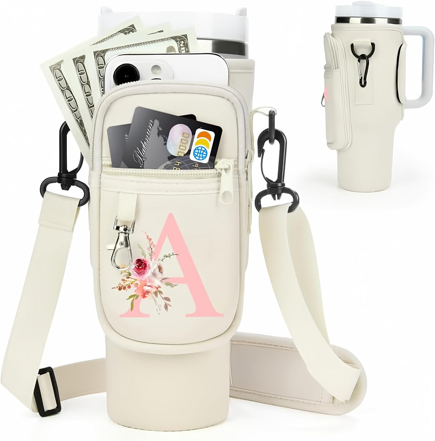Initial Water Bottle Holder with Strap for Stanley Cup Accessories 40 oz/Simple Modern Tumbler, Birthdays for Women Girls, Water Bottle Carrier Bag with Phone Pocket,Hiking Walking Gym Camping