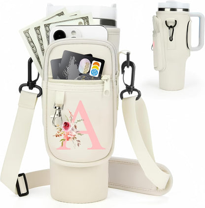 Initial Water Bottle Holder with Strap for Stanley Cup Accessories 40 oz/Simple Modern Tumbler, Birthdays for Women Girls, Water Bottle Carrier Bag with Phone Pocket,Hiking Walking Gym Camping