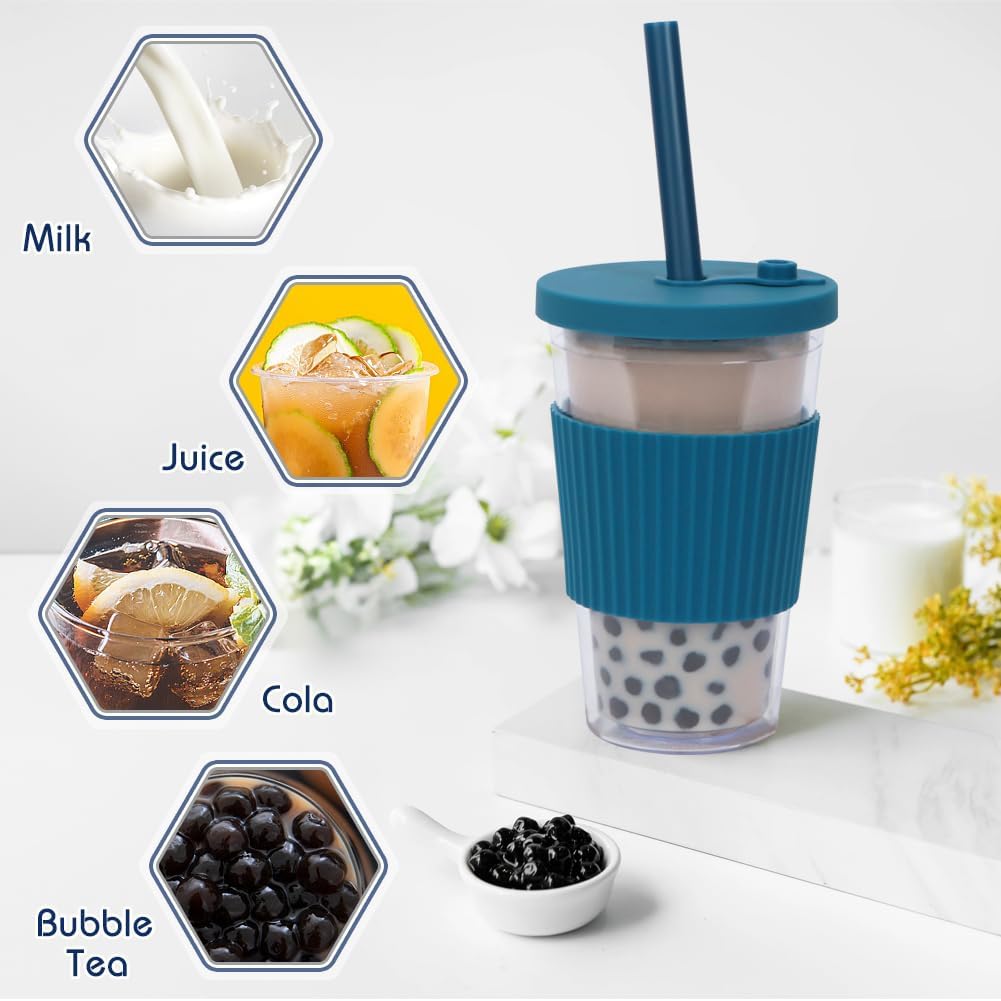 2 Pack Reusable Boba Cups, 17oz Iced Coffee With Straw and Lid, Leakproof Clear Plastic Tumbler, Double Wall Insulated Smoothie Cup, Pastel Violet and Cornflower Blue