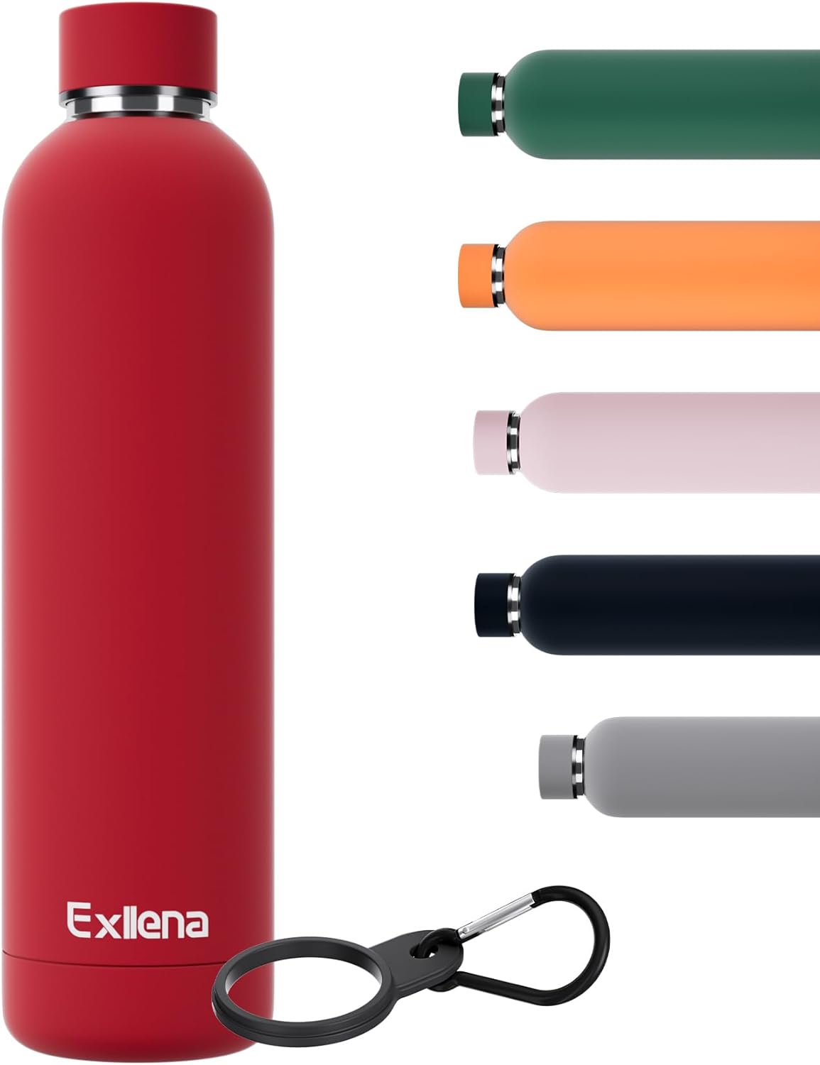 Exllena Slim Insulated Water Bottles for Travel 18oz with Clip, Double Wall Vacuum Stainless Steel Water Bottle Keeps Drinks Cold 24 Hrs/Hot 12 Hrs, 100% Leakproof, BPA Free(Black)
