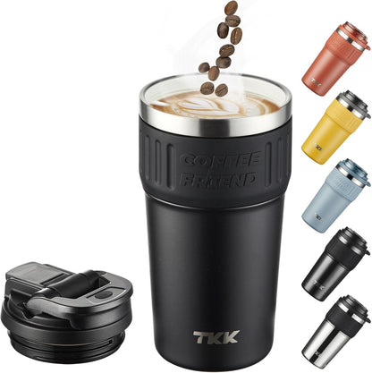 TKK Insulated Coffee Mug with Ceramic Coating, 21oz Iced Coffee Tumbler Cup with Straw Lid Double Wall Vacuum Leak Proof Travel Mug with Strap for Hot and Iced Beverage, Tungsten Steel