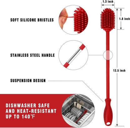 Silicone Bottle Cleaning Brush with Long Handle, 12.5" Water Bottle Cleaner for Baby Bottles, Hydro Flask, Sports Bottle, Vase, Glassware, Perfect for Smaller Diameter Bottle Openings (One Pack)