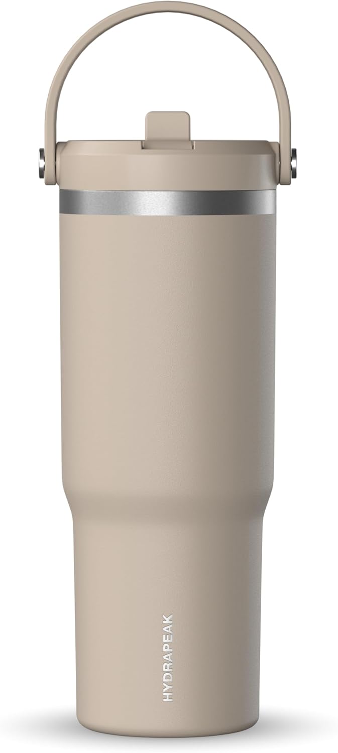 Hydrapeak Nomad 32oz Insulated Stainless Steel Travel Tumbler with Handle & Straw Lid, Leakproof, Cupholder Friendly, Keeps Drinks Cold 24 Hours, Reusable Bottle for Daily Hydration (Pale Sage)