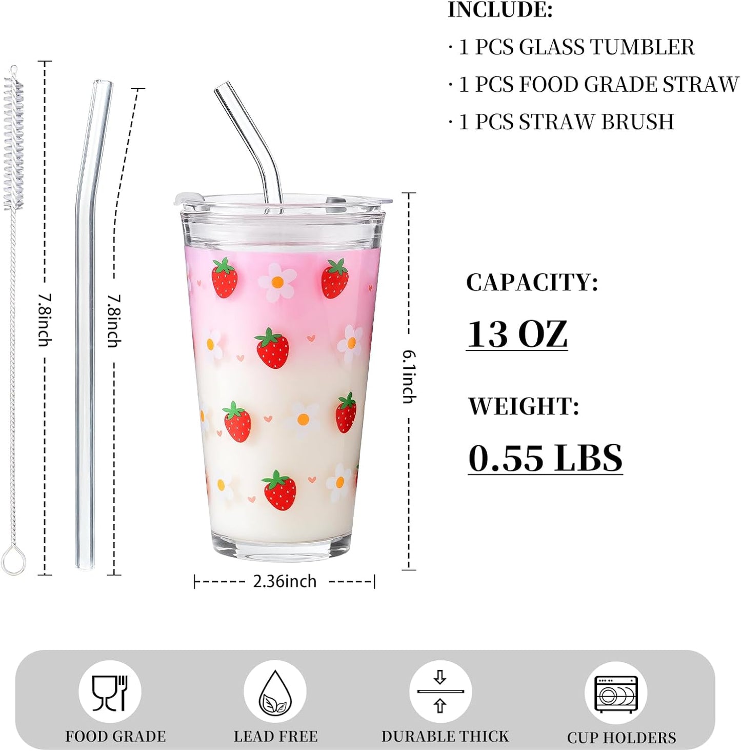 Olvini 15oz Glass Tumbler with Straw and Lid, Cute Iced Coffee Cups, Aesthetic Glass Cups, Coffee Tumbler, Water Cup, Matcha Cup, Drinking Glasses (Clear)