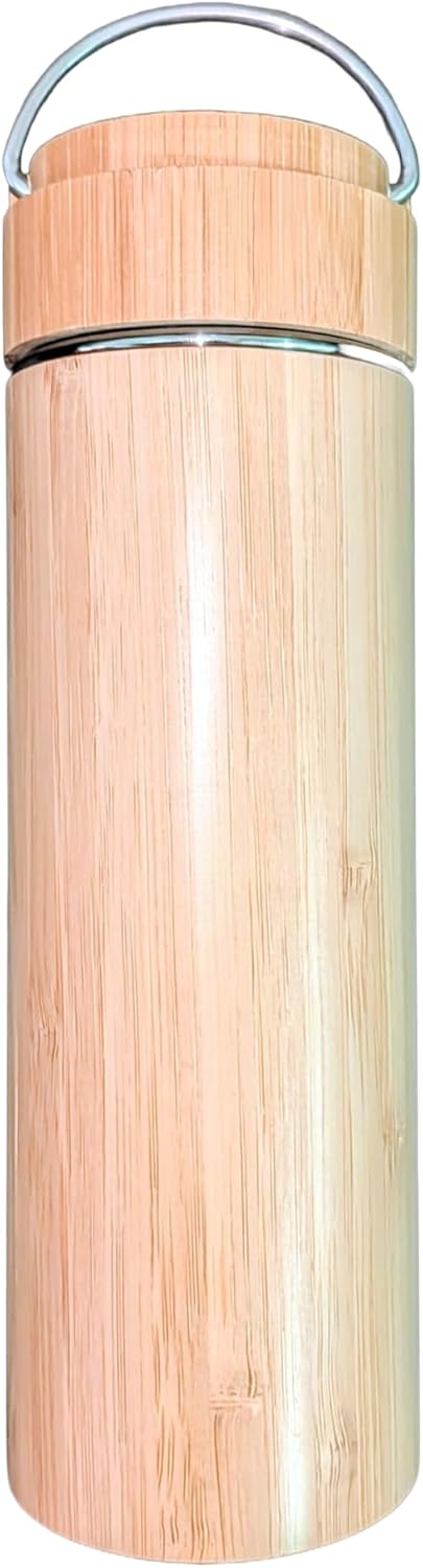 Bamboo Tea Tumbler with Infuser - 17oz Double Wall Vacuum Insulated Stainless Steel Travel Mug | Leakproof Thermal Flask with Strainer for Loose Leaf Tea, Coffee and Fruit Water
