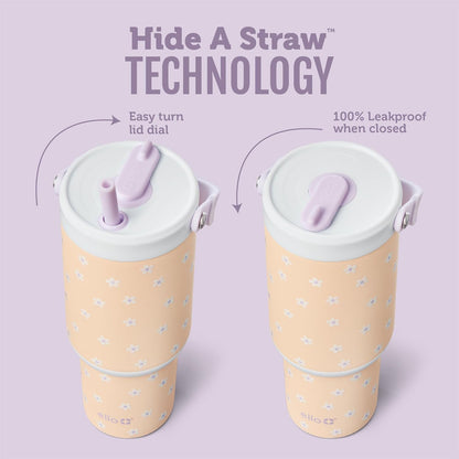Ello Oasis Go+ 26oz Tumbler with Top Handle and Retracting Straw | Reusable Insulated Stainless Steel Cup, 100% Leakproof Water Bottle, 24 Hours Cold, Cup Holder Friendly For Travel | Wild Rasberry