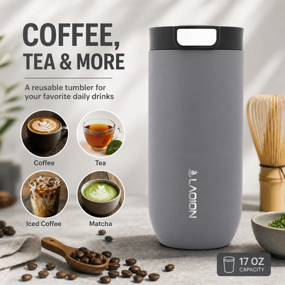 LAOION 17 oz Insulated Coffee Tumbler, Stainless Steel Travel Coffee Mug with Slider Lid, Reusable Iced Coffee Cup for Office, Car, Commute, Gray