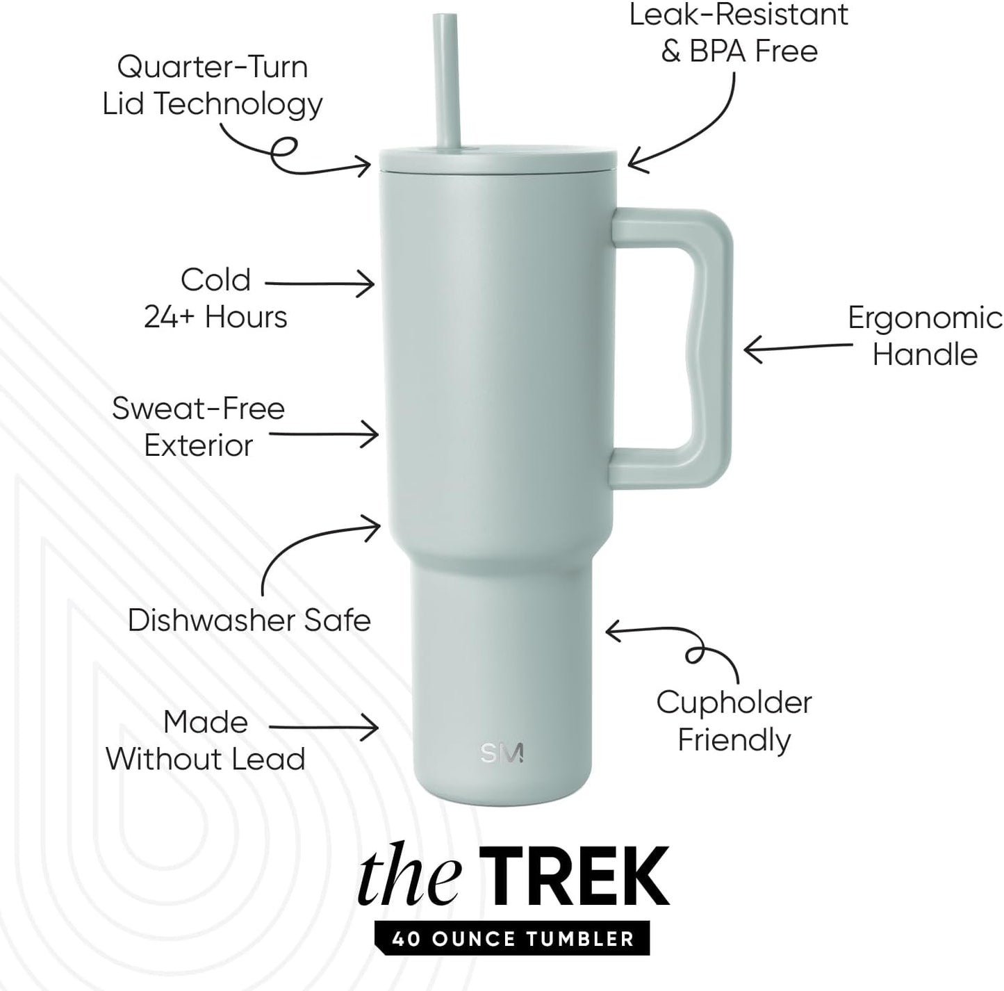 Simple Modern 40 oz Trek Tumbler with Handle and Straw Lid | Cup Holder Friendly Insulated Stainless Steel Travel Mug | Sea Glass Sage - Colors C