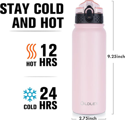 Oldley Insulated Water Bottle 20oz for Adults Kids Stainless Steel Water Bottles with Straw/Chug/Carabiner 3 Lids Fruit Strainer Double Wall Vacuum Wide Mouth BPA Free Leak-Proof for School Travel