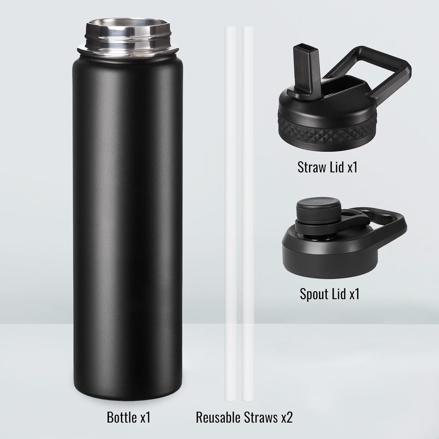 Fijinhom 24 oz Insulated Water Bottle with Handle, 304 Stainless Steel Water Bottles with Wide Mouth, Double Wall Vacuum Sports Water Bottle, BPA Free, Keep Cold and Hot, Black | with Handle