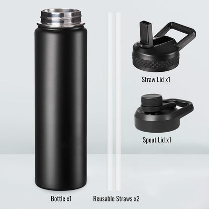Fijinhom 24 oz Insulated Water Bottle with Handle, 304 Stainless Steel Water Bottles with Wide Mouth, Double Wall Vacuum Sports Water Bottle, BPA Free, Keep Cold and Hot, Black | with Handle