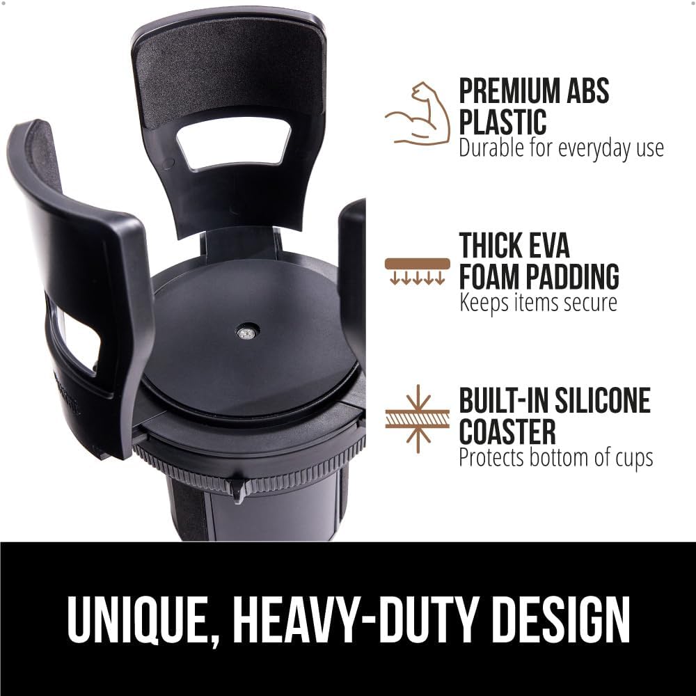 GORILLA GRIP Patent Pending Adjustable Car Cup Holder Expander, Keeps Water Bottle Secure, Expands to Fit 18 to 48 oz Large Bottles, Yeti, Owala, Stanley with Handle, Coffee Mug Insert for Cars, Black
