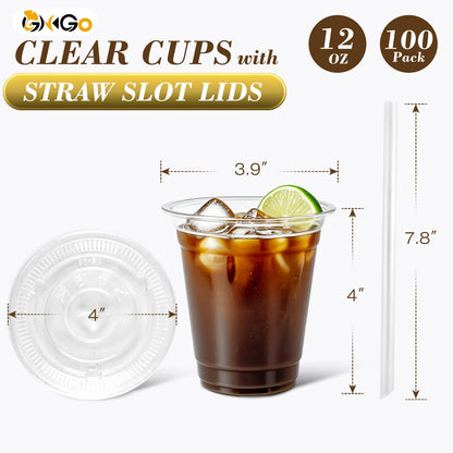 Ginkgo 32 oz Clear Plastic Cups with Lids and Jumbo Straws, Disposable To Go Iced Coffee Cups for Smoothie, Boba Milk Tea - 50 Pack