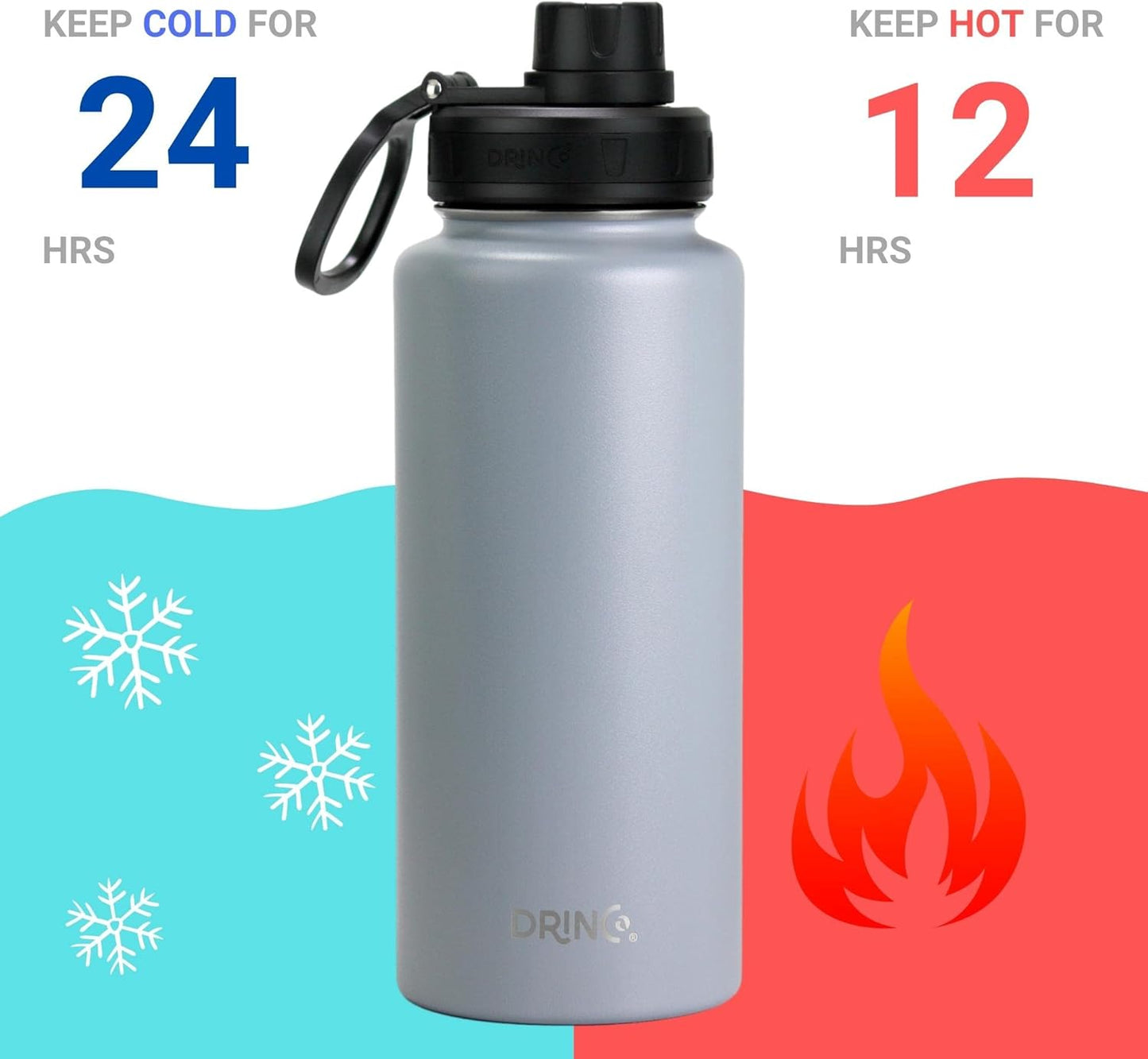 Drinco Stainless Steel Water Bottle Spout Lid Vacuum Insulated Double Wall Water Bottle Wide Mouth (40oz 32oz 22oz 18oz 14oz) Leak Proof Keep Cold Sport Camping Hiking (22 oz, 22oz Black)