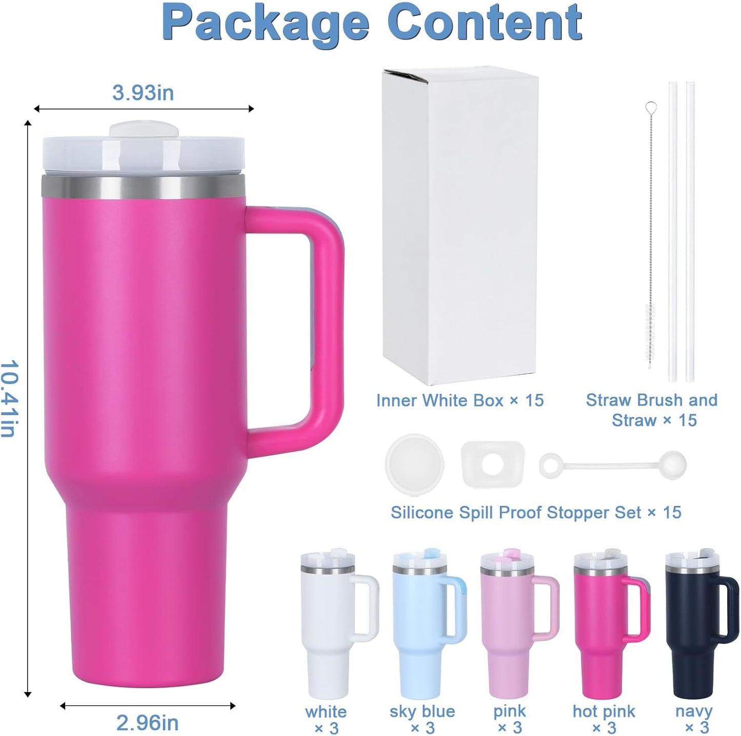 15 Pack 40 Oz Tumbler with Handle and Straw Bulk, 40 Oz Tumbler Stainless Steel Vacuum Insulation Keep Hot and Cold, 40 Oz Travel Coffee Mug with Silicone Spill Proof Stopper Set, Individually Boxed