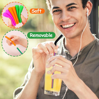 Lazycorner 16 Pcs Metal Straw Reusable 8.5" 10.5" 6mm Stainless Steel Straws for Tumblers 20oz-32oz, Rainbow Drinking Straws with Silicone Tips, 4 Straw Cleaner Brush, 1 Travel Case