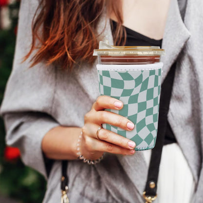 Reusable Insulated Neoprene Iced Coffee Cup Sleeve, Durable Drink Sleeve for Cold Beverages, Beverage Holder for Iced Coffee, Floral Checkers