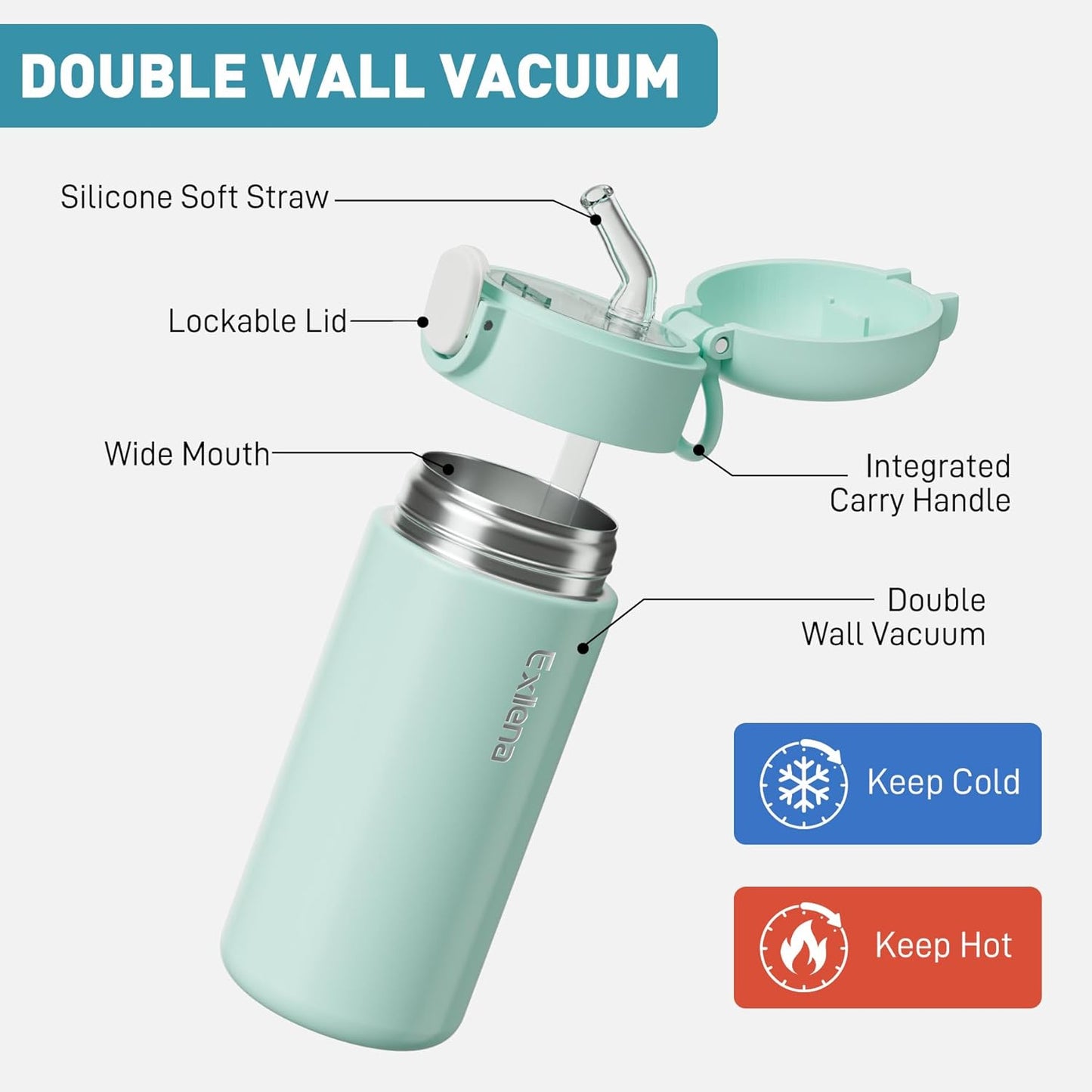 Exllena 10oz Small Insulated Water Bottle with One-Touch Soft Straw Lid, Double-Wall Vacuum Small Travel Water Bottle for Cold&Hot Drinks–Leak-Proof, Mini Flask for Handbag, Yoga, Sport(Mint)