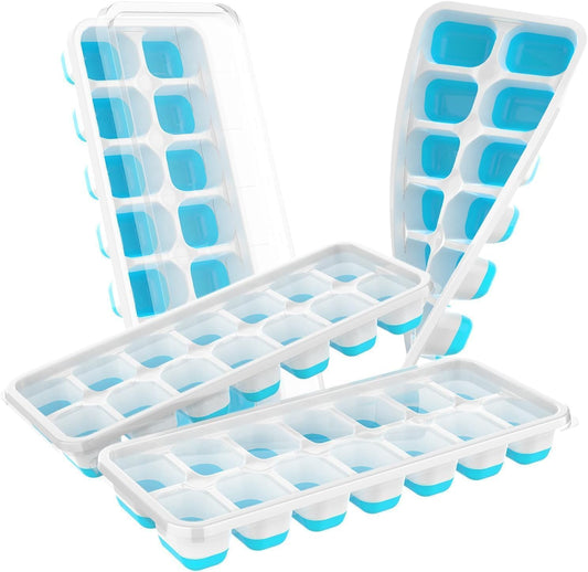 ChefAide 4‑Pack Ice Cube Trays with Lids, 56‑Cube Total Stackable Freezer Ice Trays, Durable Silicone & Plastic Easy‑Release Ice Molds for Cocktails, Coffee & Drinks