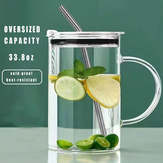 Glass Water Cup with Handle - 32 oz, Clear Mug with Lid and Straw，Thick Transparent Mug for Coffee, Milk, Juice,Perfect for Office and Live at Home Use