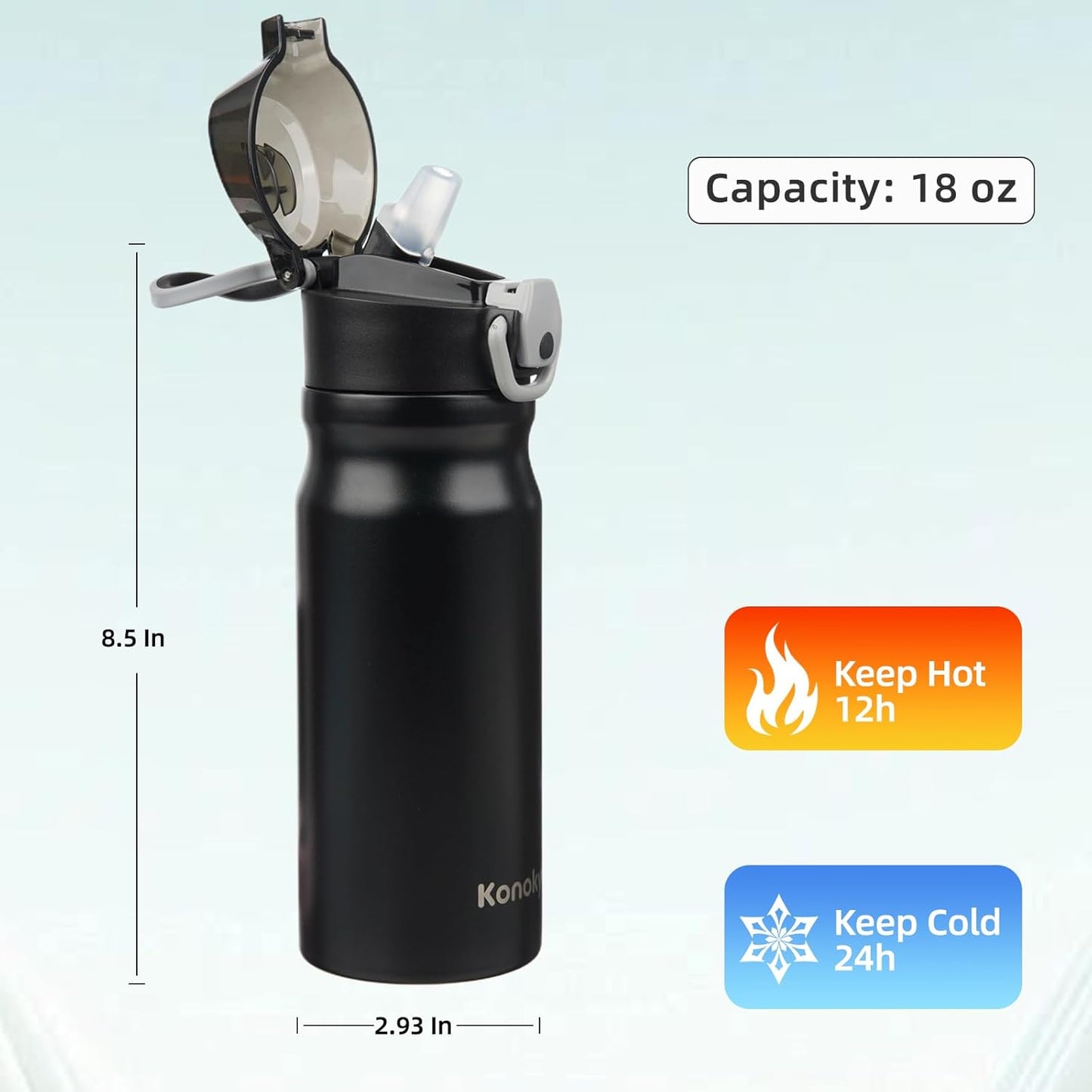 Konokyo 18 oz Insulated Water Bottle with Straw Lid, Stainless Steel Vacuum Sports Water Bottle, Leak-Proof Reusable Metal Flask with Carry Loop, BPA-Free Travel Bottle for Gym, School, Office
