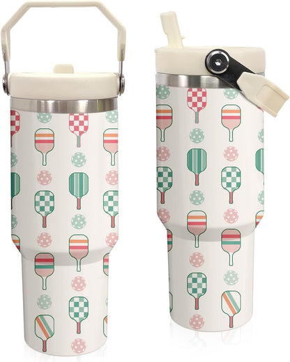 30 oz Tumbler with Handle Flip Straw Leak Proof - Pickleball Mug 30oz Tumbler Travel Coffee Mug with Handle - Birthday Gifts for Women Pickleball Lovers Players 30 Ounce Stainless Steel Cup