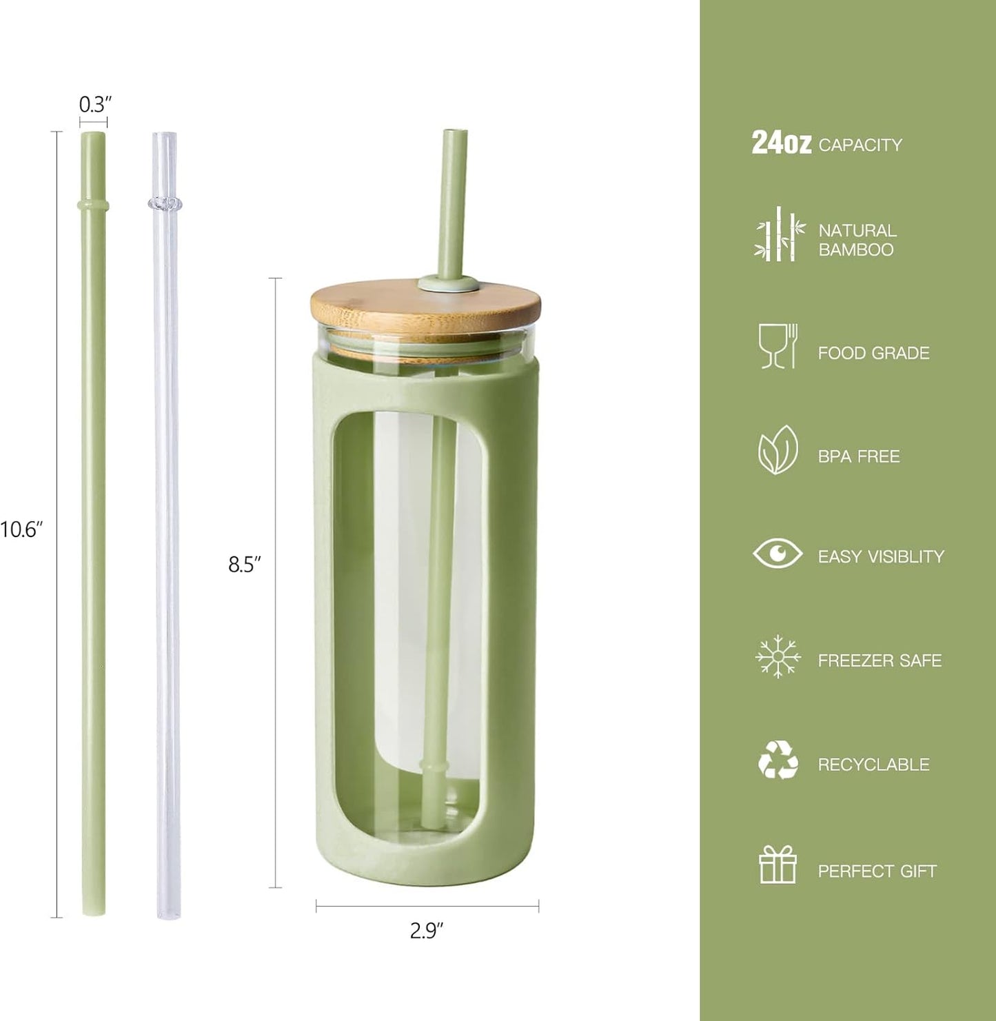 Kodrine 20oz Glass Water Tumbler with Straw and Lid, Bamboo Lids Water Bottle, Iced Coffee Cup Reusable, Wide Mouth Smoothie Cups with Protective Silicone Sleeve BPA FREE-Black - Colors B