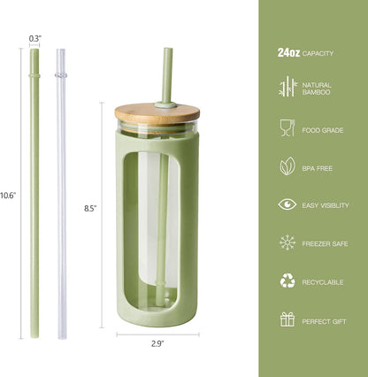 Kodrine 20oz Glass Water Tumbler with Straw and Lid, Bamboo Lids Water Bottle, Iced Coffee Cup Reusable, Wide Mouth Smoothie Cups with Protective Silicone Sleeve BPA FREE-Black - Colors B