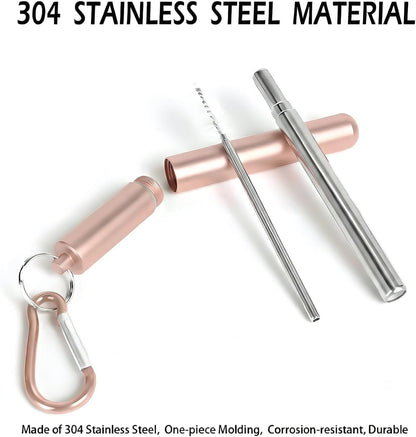 Collapsible Stainless Steel Drinking Straws with Aluminum Case, Cleaning Brush, and Keychains（Black+Silver）