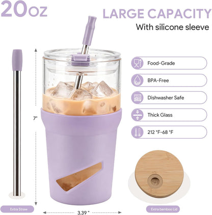 Glass Tumbler with Lids and Straws, 20 oz Iced Coffee Cup and Smoothie Cup with Bamboo Lid and On the go Lid,Glass Cups With Straws