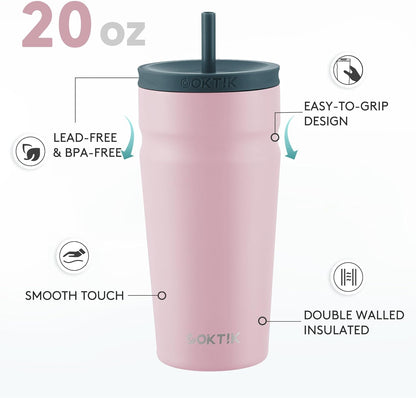 COKTIK 24oz Insulated Tumbler with Lid and Straw Iced Coffee Cup Reusable Stainless Steel Travel Mug Water Bottle Cupholder Friendly for Women Men Her Him (Blush)