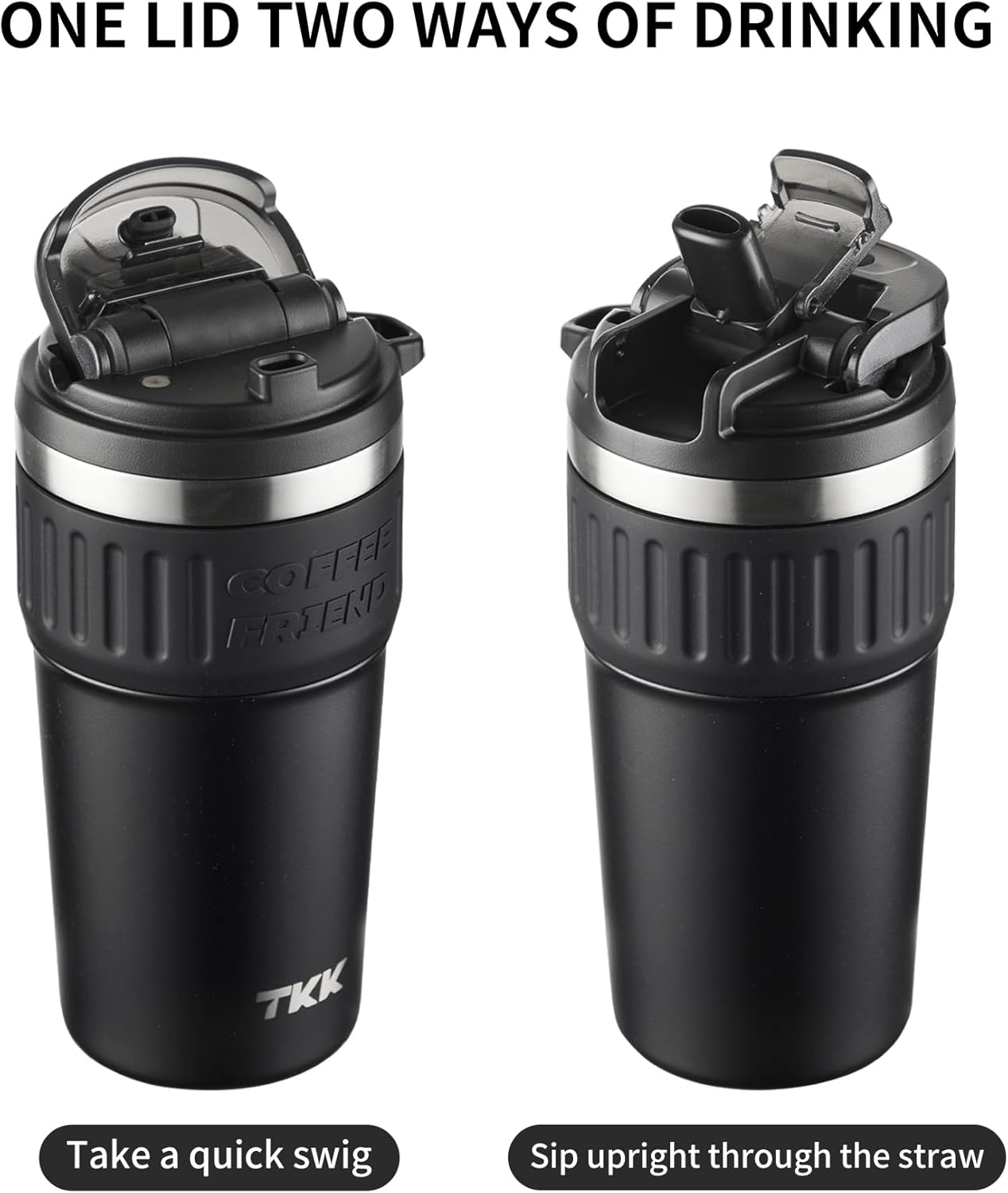 TKK Insulated Coffee Mug with Ceramic Coating, 21oz Iced Coffee Tumbler Cup with Straw Lid Double Wall Vacuum Leak Proof Travel Mug with Strap for Hot and Iced Beverage, Tungsten Steel
