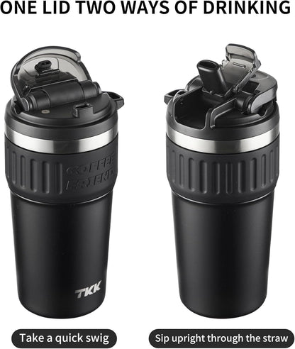 TKK Insulated Coffee Mug with Ceramic Coating, 21oz Iced Coffee Tumbler Cup with Straw Lid Double Wall Vacuum Leak Proof Travel Mug with Strap for Hot and Iced Beverage, Tungsten Steel