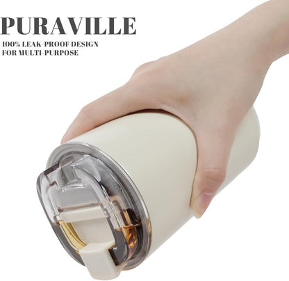 Puraville Insulated Tumblers with Lid, 14 oz Travel Coffee Mug Stainless Steel Vacuum Cup, Leak Proof Reusable Double Walled Coffee Tumbler for Iced and Hot Drinks, Cream